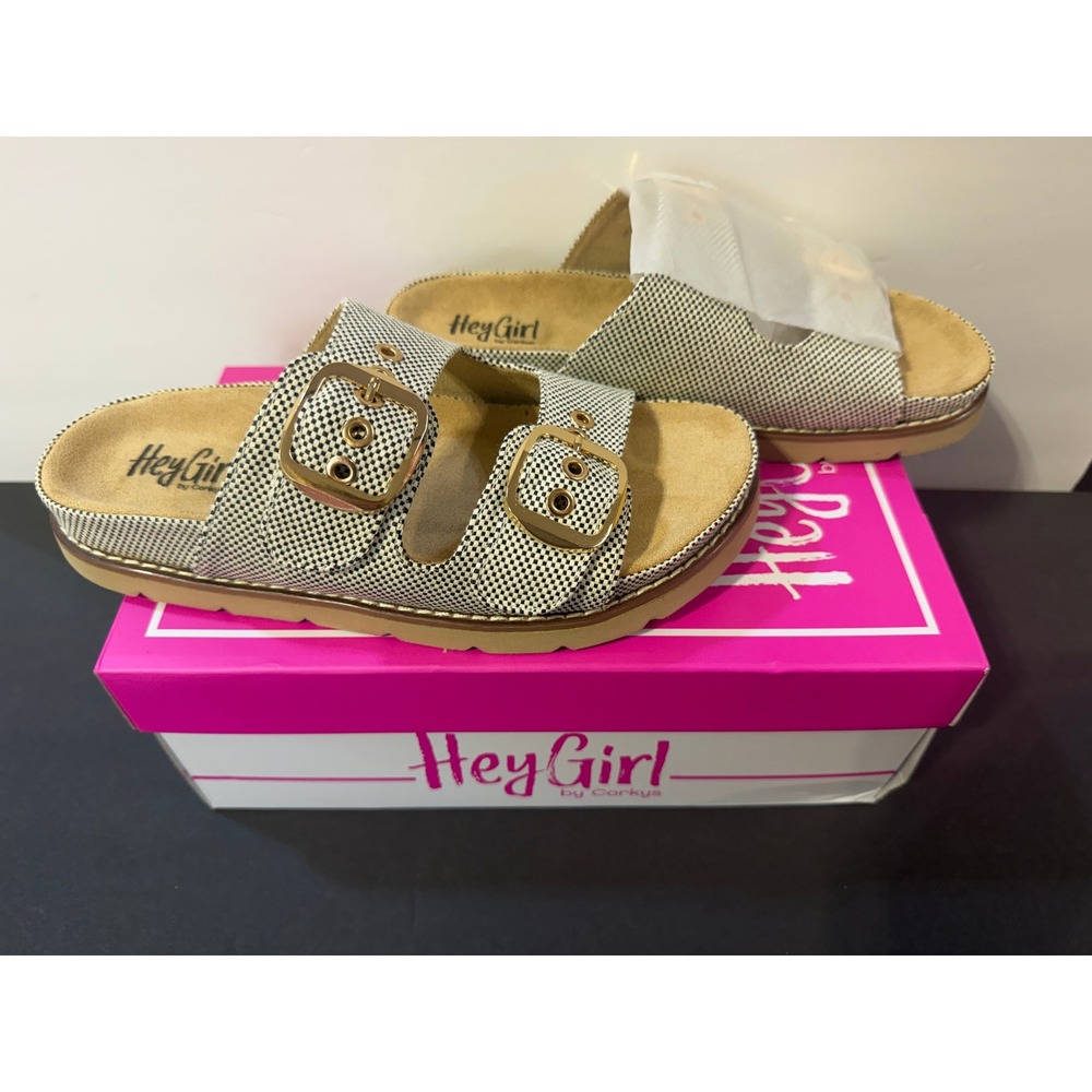Hey Girl by Corky's She's Spicy Tan & Black Buckle Slide Sandals Size 8 NWT